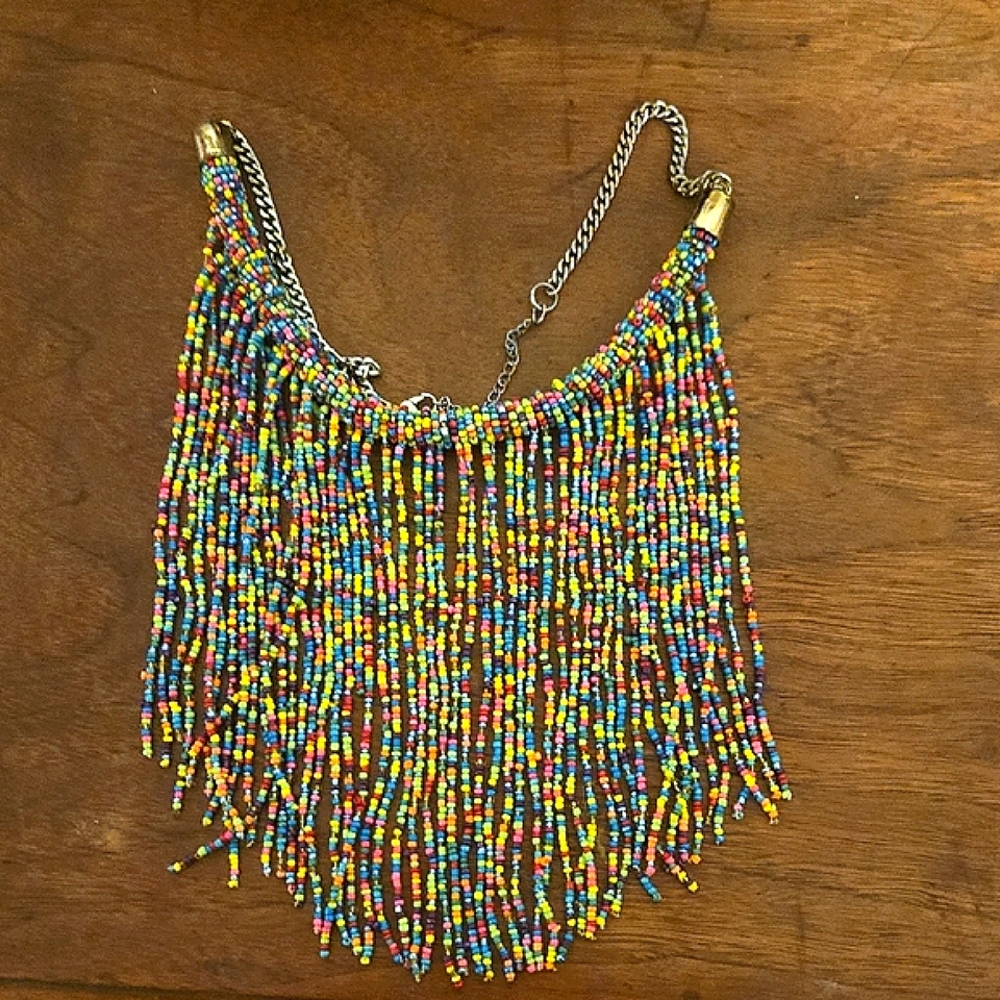 Multicolor Beaded Fringe Necklace